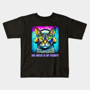80s Music is my Therapy Neon Cat with Headphones Kids T-Shirt